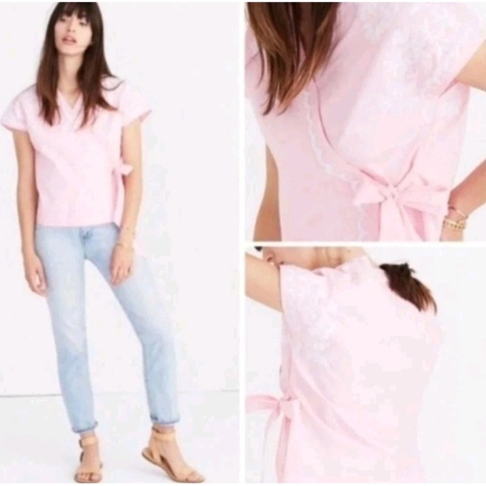 MADEWELL Coquette Tie Wrap Pink Embroidered Boho Peasant Floral Blouse XL